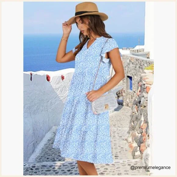 Ruffle Sleeve V-Neck Midi Dress, Flowy Tiered Boho Casual Sundress - Picture 3 of 7